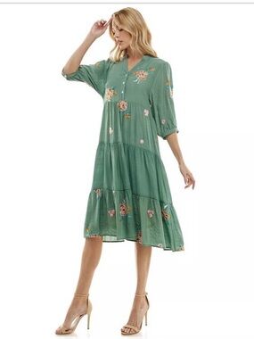 Figueroa & Flower Embroidered Floral Tiered Midi Dress Size L